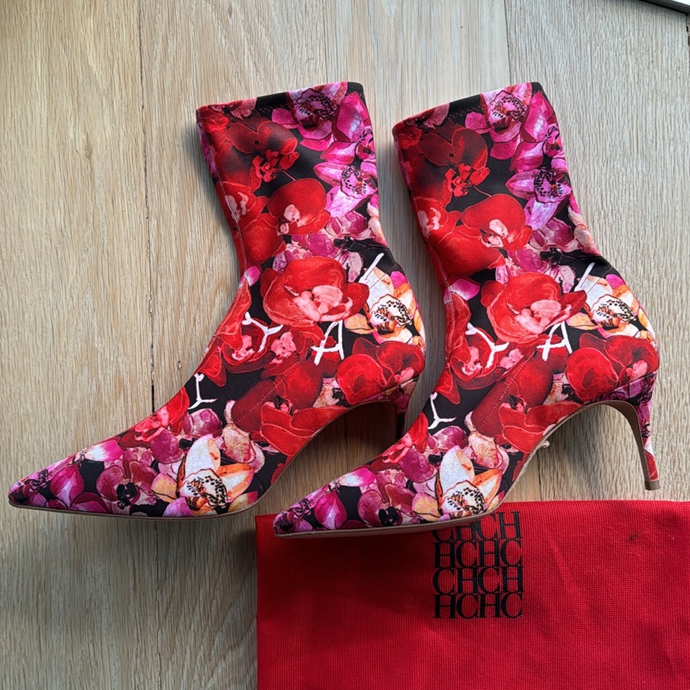 Carolina Herrera Floral Print Ankle Sock Boots Size 8